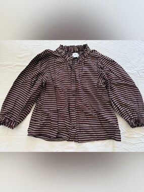 Never A Wallflower Burgundy and Cream Striped Ruffle-Neck Button Blouse